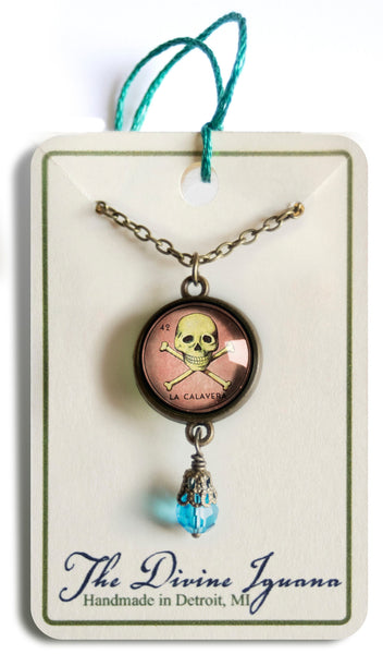 La Calavera Skull Loteria Themed Reversible Pendant Necklace with Bead Accent