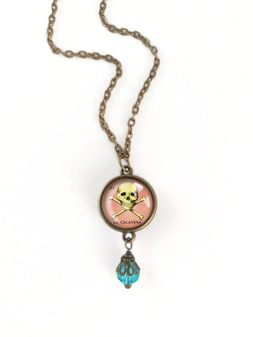 La Calavera Skull Loteria Themed Reversible Pendant Necklace with Bead Accent