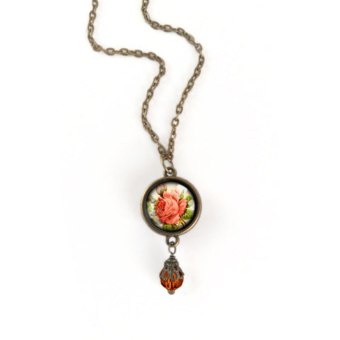 Victorian Tea Rose Reversible Pendant Necklace with Bead Accent