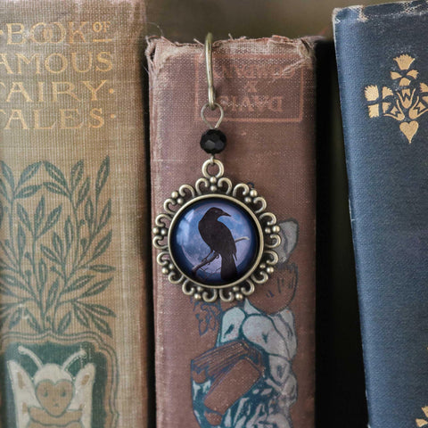 Crow or Raven on Purple Full Moon Glass Cabochon Brass Book Hook / Bookmark