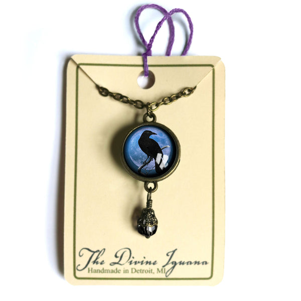 Crow or Raven on Purple Moon Reversible Pendant Necklace with Bead Accent