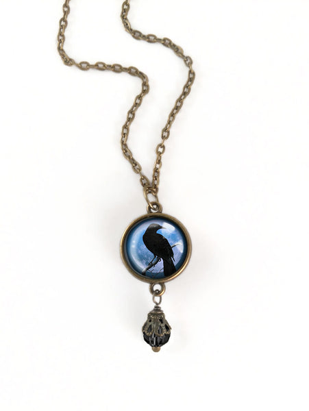 Crow or Raven on Purple Moon Reversible Pendant Necklace with Bead Accent