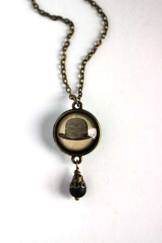 Steampunk Men's Bowler Hat Reversible Pendant Necklace with Bead Accent