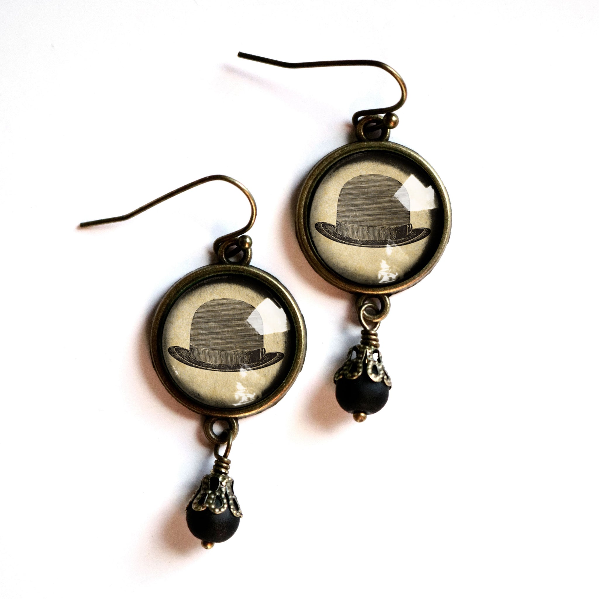 Steampunk Men's Bowler Hat Vintage Inspired Drop / Dangle Earrings