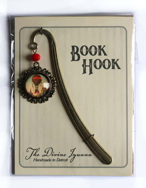 Steampunk Hot Air Balloon Glass Cabochon Brass Book Hook / Bookmark