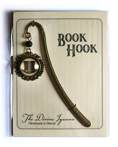 Steampunk Men's Top Hat Glass Cabochon Brass Book Hook / Bookmark