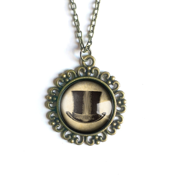 Steampunk Men's Top Hat Large Pendant Necklace in Ornate Frame