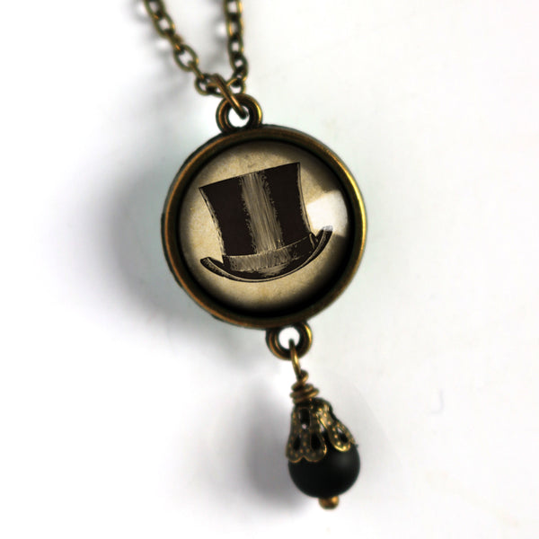 Steampunk Men's Top Hat Reversible Pendant Necklace with Bead Accent