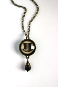 Steampunk Men's Top Hat Reversible Pendant Necklace with Bead Accent