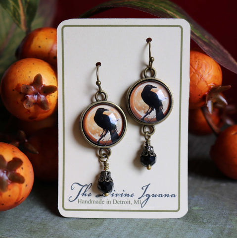 Crow or Raven on Orange Moon Halloween Vintage Inspired Drop / Dangle Earrings