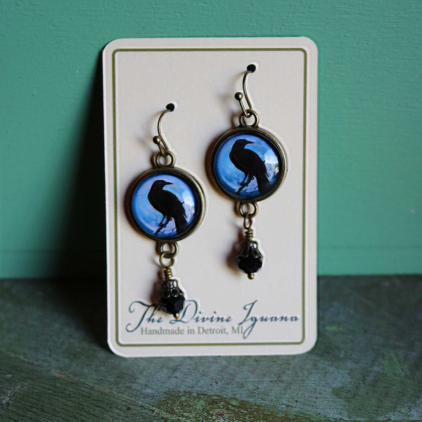 Midnight Crows Earrings- reverse decoupage glass cabochons in nickel- free brass findings