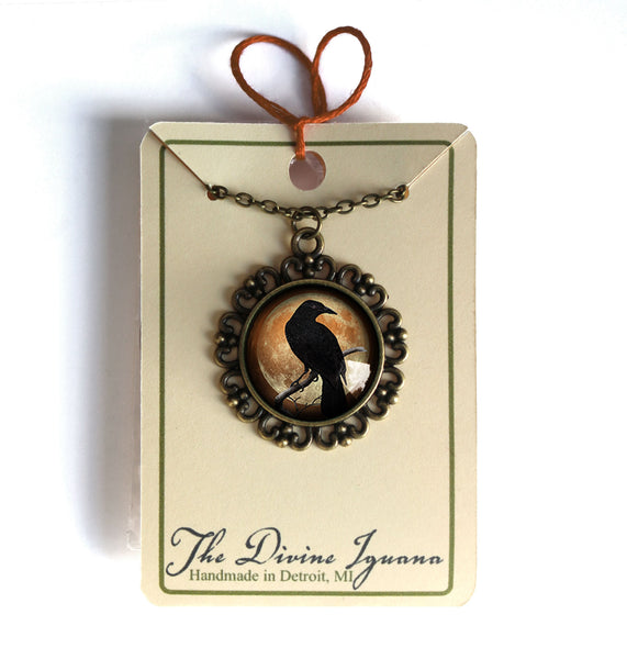 Crow or Raven on Orange Moon Large Pendant Necklace in Ornate Frame