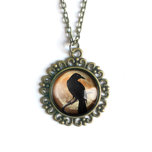 Crow or Raven on Orange Moon Large Pendant Necklace in Ornate Frame