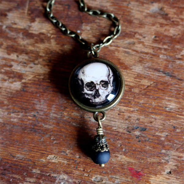 Human Skull Reversible Pendant Necklace with Bead Accent