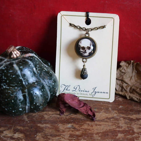 Human Skull Reversible Pendant Necklace with Bead Accent