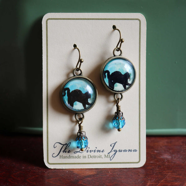 Black Cat on Blue Full Moon Halloween Vintage Inspired Drop / Dangle Earrings