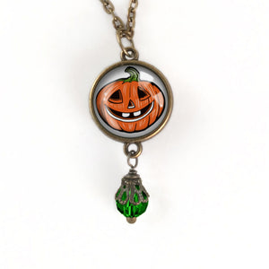 Retro Halloween Jack-O-Lantern Reversible Pendant Necklace with Bead Accent