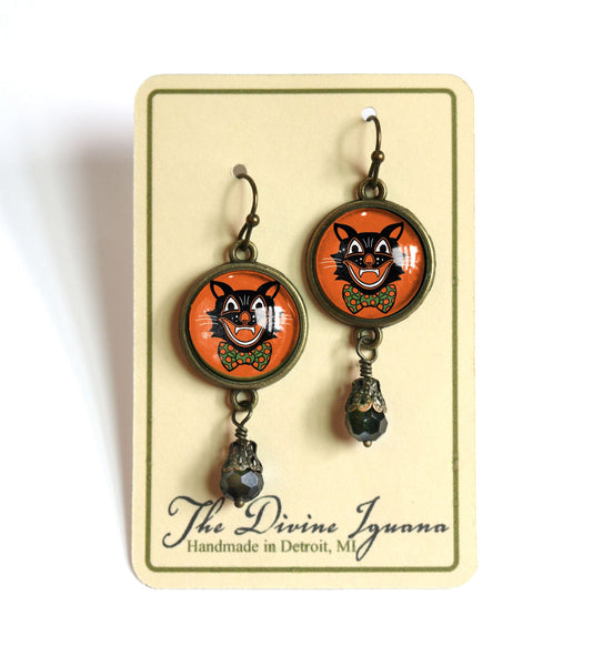 Retro Halloween Black Cat Vintage Inspired Drop / Dangle Earrings