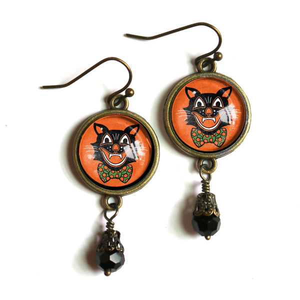 Retro Halloween Black Cat Vintage Inspired Drop / Dangle Earrings