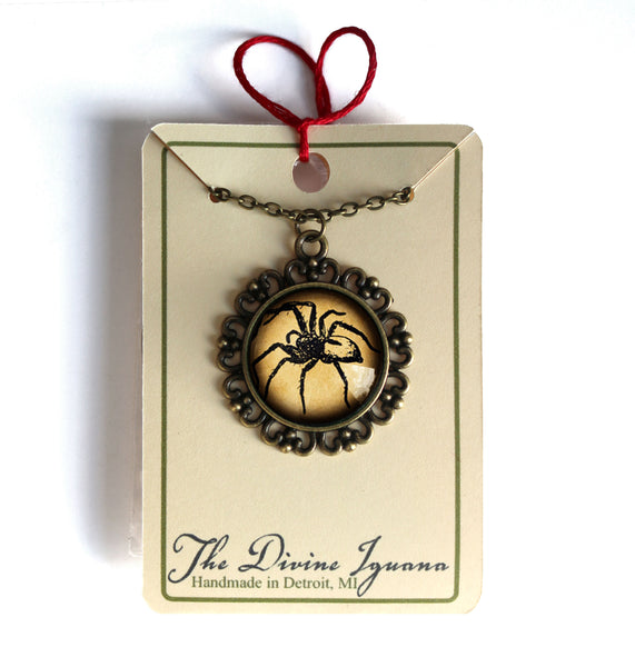 Spooky Spider Halloween Large Pendant Necklace in Ornate Frame