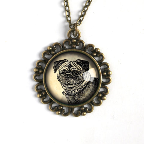 Pug Dog Large Pendant Necklace in Ornate Frame