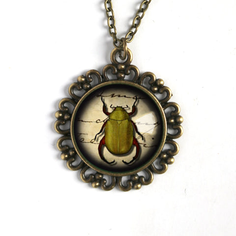 Green Beetle Large Pendant Necklace in Ornate Frame