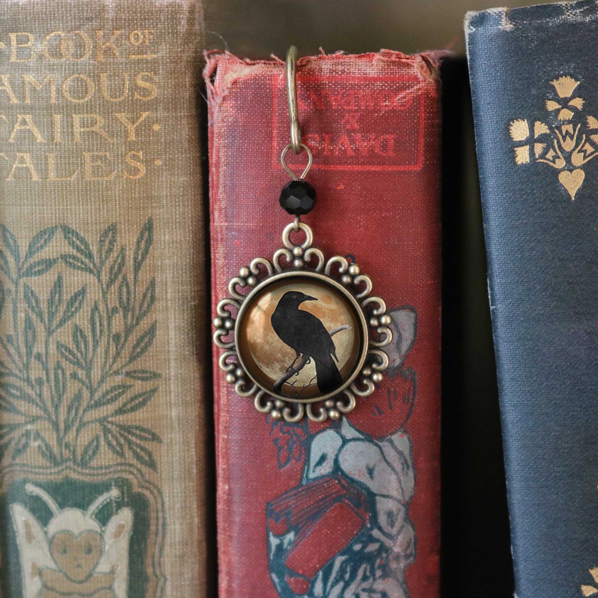 Crow or Raven on Orange Full Moon Glass Cabochon Brass Book Hook / Bookmark