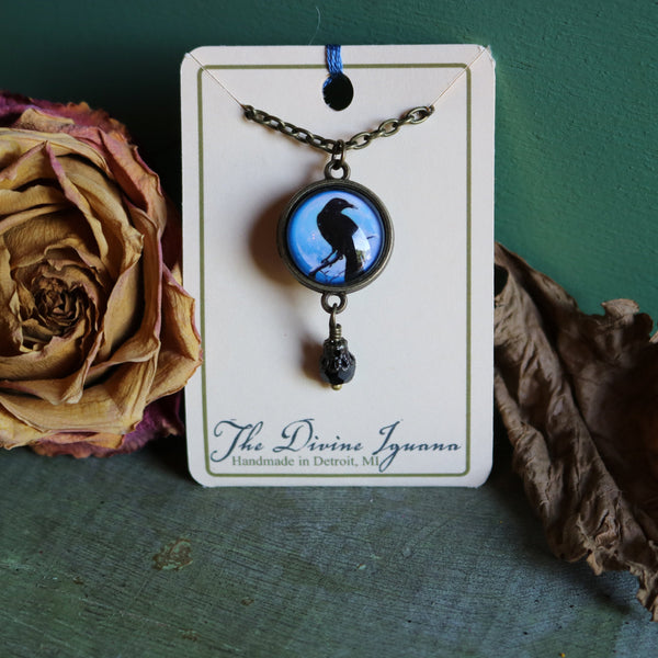 Crow or Raven on Purple Moon Reversible Pendant Necklace with Bead Accent