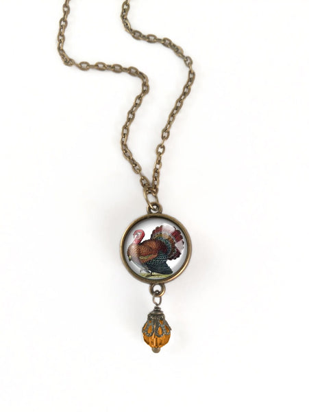 Victorian Turkey Thanksgiving Reversible Pendant Necklace with Bead Accent