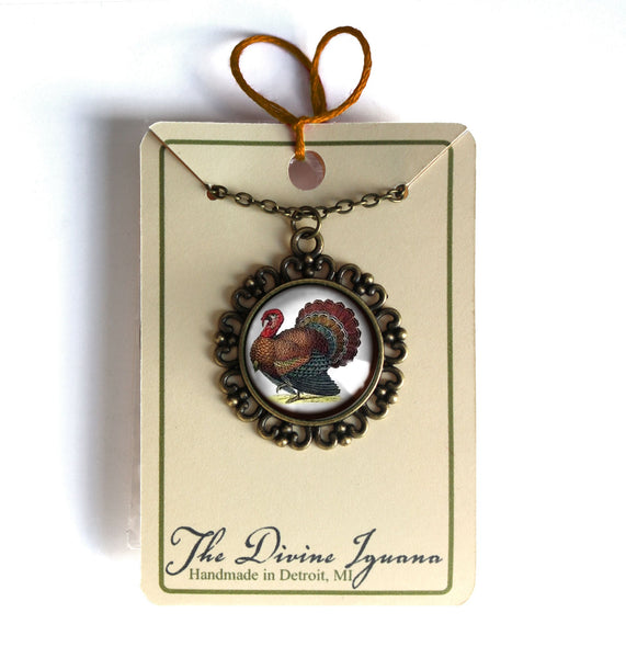 Victorian Turkey Thanksgiving Large Pendant Necklace in Ornate Frame