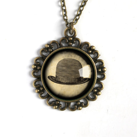 Steampunk Men's Bowler Hat Large Pendant Necklace in Ornate Frame