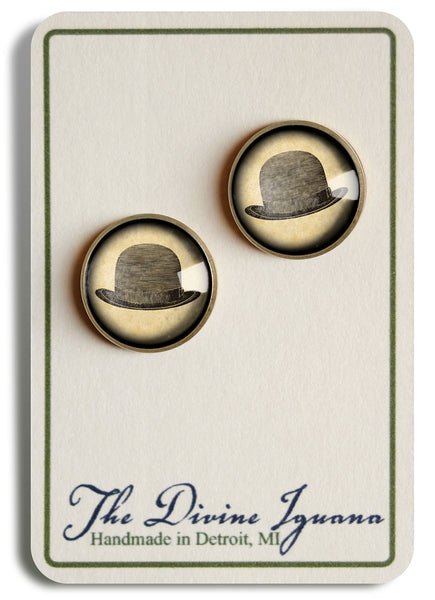 Steampunk Men's Bowler Hat Vintage Inspired Stud Earrings