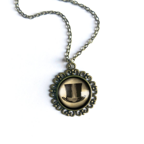 Steampunk Men's Top Hat Large Pendant Necklace in Ornate Frame