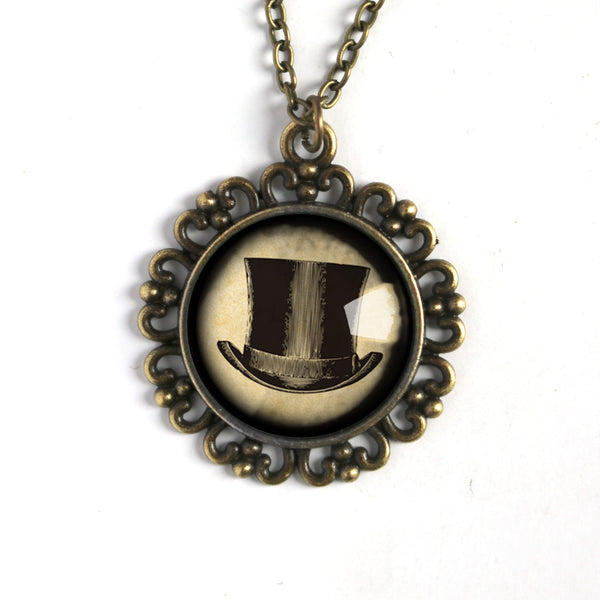 Steampunk Men's Top Hat Large Pendant Necklace in Ornate Frame