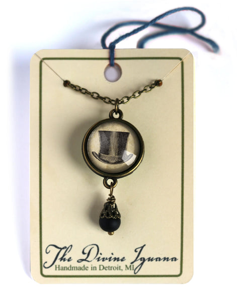 Steampunk Men's Top Hat Reversible Pendant Necklace with Bead Accent