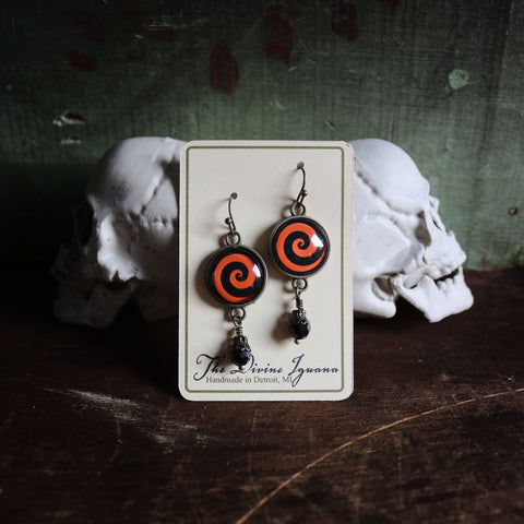 Orange and Black Spiral Swirl Halloween Vintage Inspired Drop / Dangle Earrings