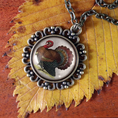 Victorian Turkey Thanksgiving Large Pendant Necklace in Ornate Frame