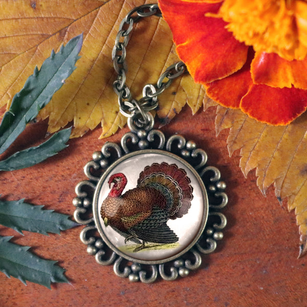 Victorian Turkey Thanksgiving Large Pendant Necklace in Ornate Frame