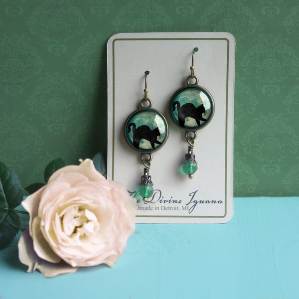 Black Cat on Blue Full Moon Halloween Vintage Inspired Drop / Dangle Earrings