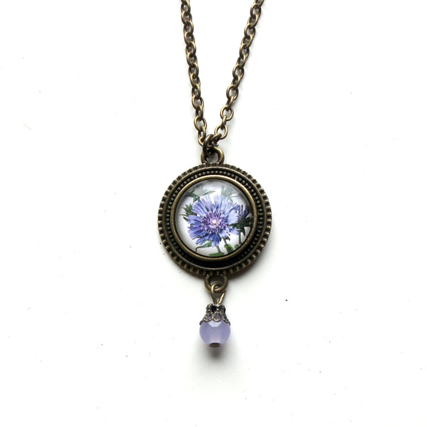 Purple Aster Flower Pendant Necklace with Bead Accent