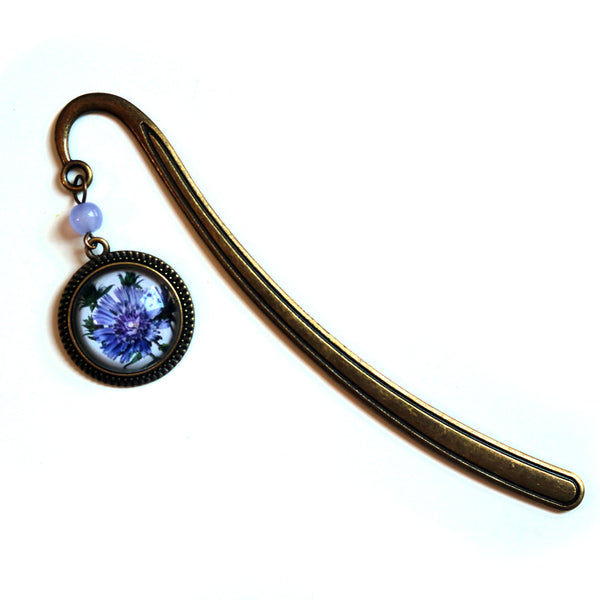 Purple Aster Flower Glass Cabochon Brass Book Hook / Bookmark