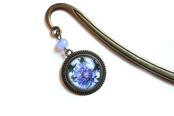 Purple Aster Flower Glass Cabochon Brass Book Hook / Bookmark