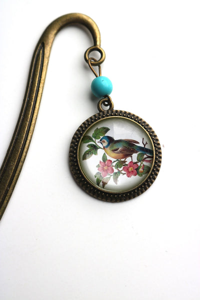 Blue Bird Glass Cabochon Brass Book Hook / Bookmark