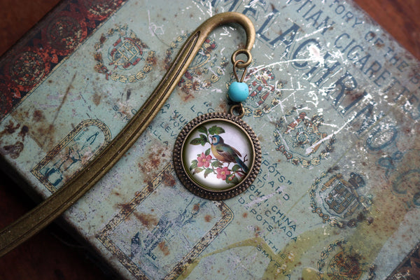 Blue Bird Glass Cabochon Brass Book Hook / Bookmark