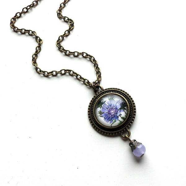 Purple Aster Flower Pendant Necklace with Bead Accent