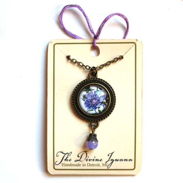 Purple Aster Flower Pendant Necklace with Bead Accent