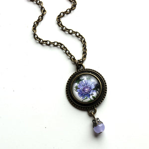 Purple Aster Flower Pendant Necklace with Bead Accent