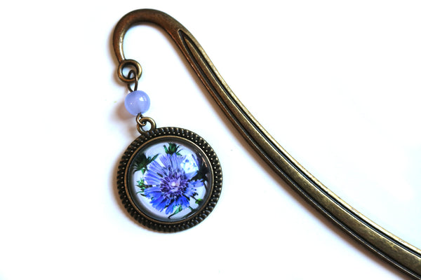 Purple Aster Flower Glass Cabochon Brass Book Hook / Bookmark