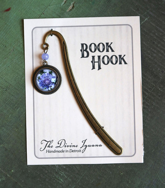 Purple Aster Flower Glass Cabochon Brass Book Hook / Bookmark