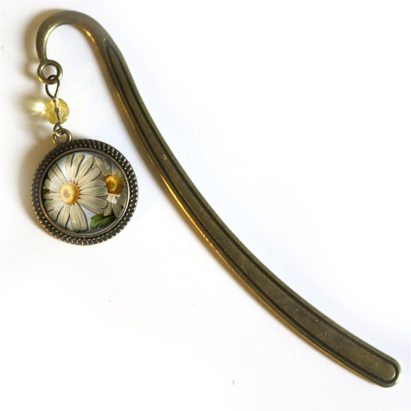 Summer Daisy Flower Glass Cabochon Brass Book Hook / Bookmark